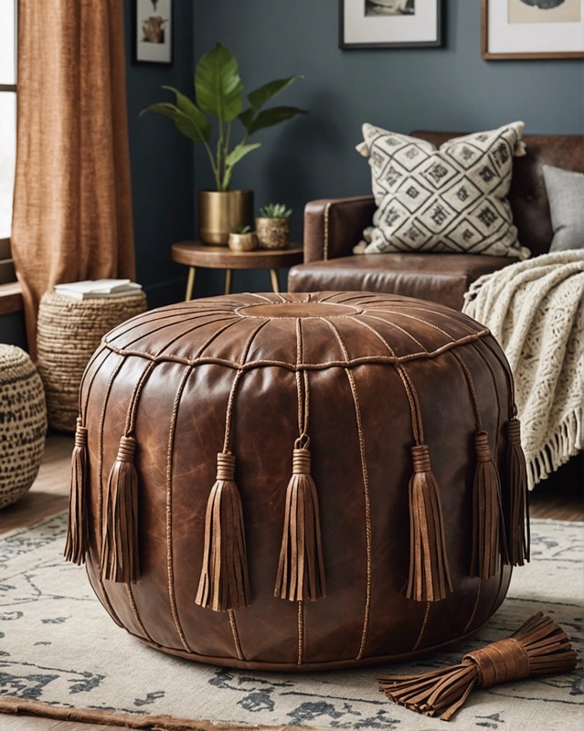 Leather Pouf with Tassels