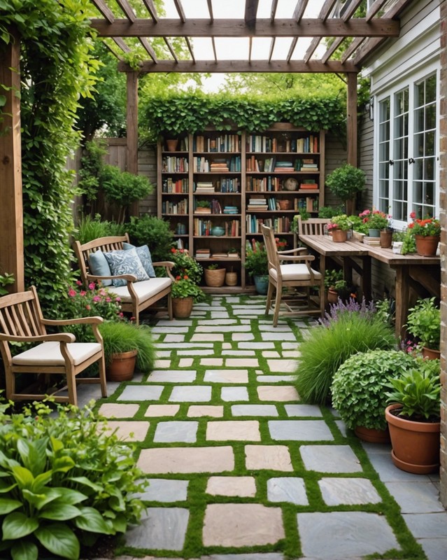 Literary Garden Patio with Walking Paths and Bookshelf Planters