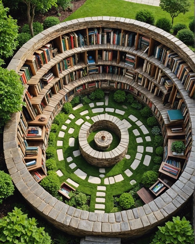 Literary Labyrinth Patio with Maze-Like Bookcases and Hidden Reading Nooks
