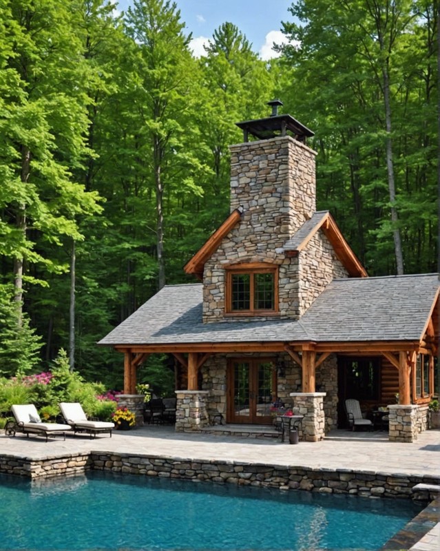 Log Cabin Pool House with a Stone Chimney