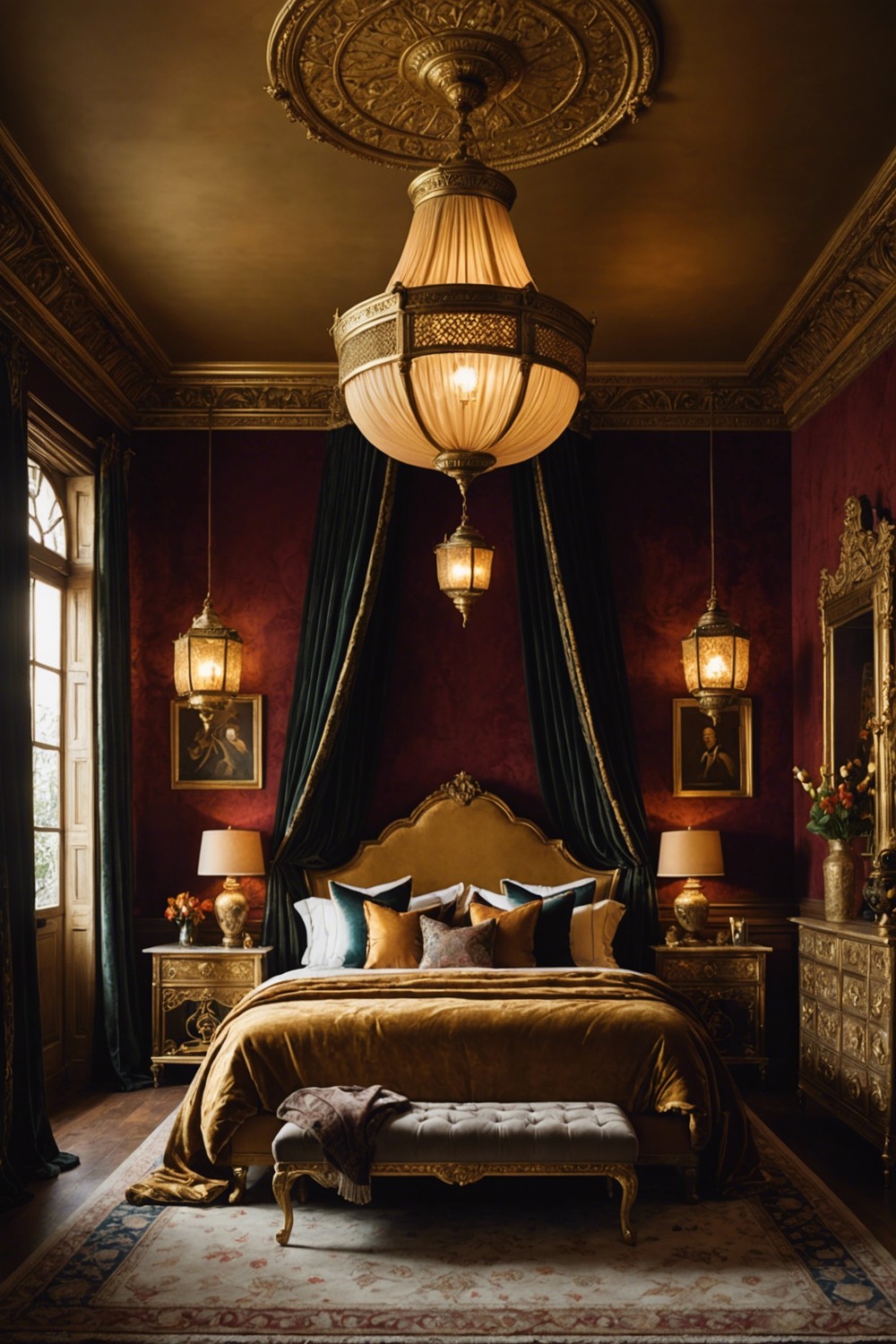 Luxe Nomad: Hanging Antique Brass Lanterns above a Velvet Bed