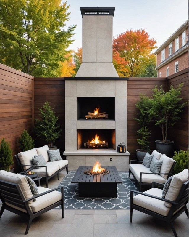 Minimalist Reading Patio with Sleek Furniture and Outdoor Fireplace