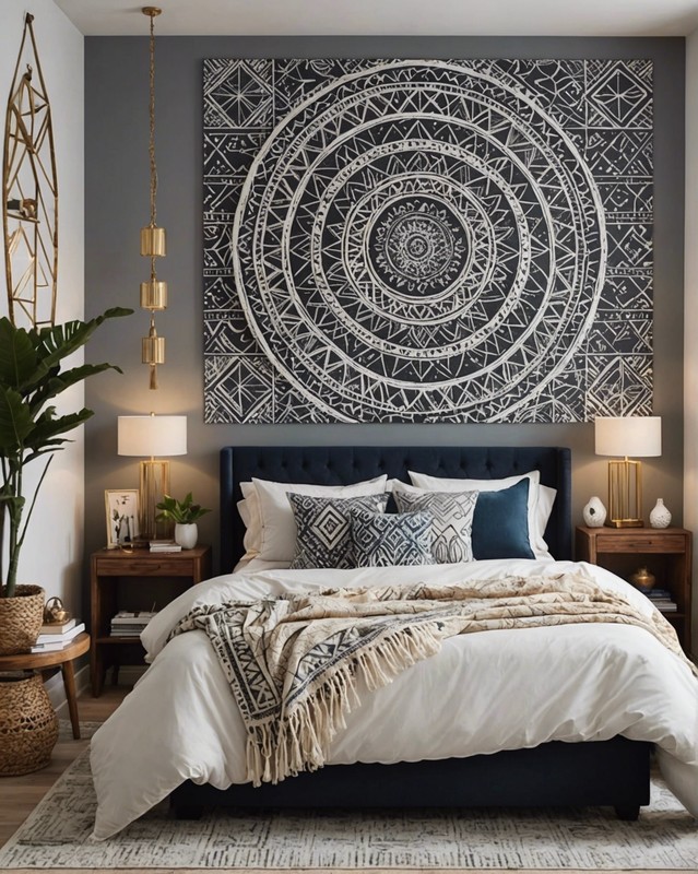 Modern Boho Bedroom with Geometric Patterns and Abstract Wall Art