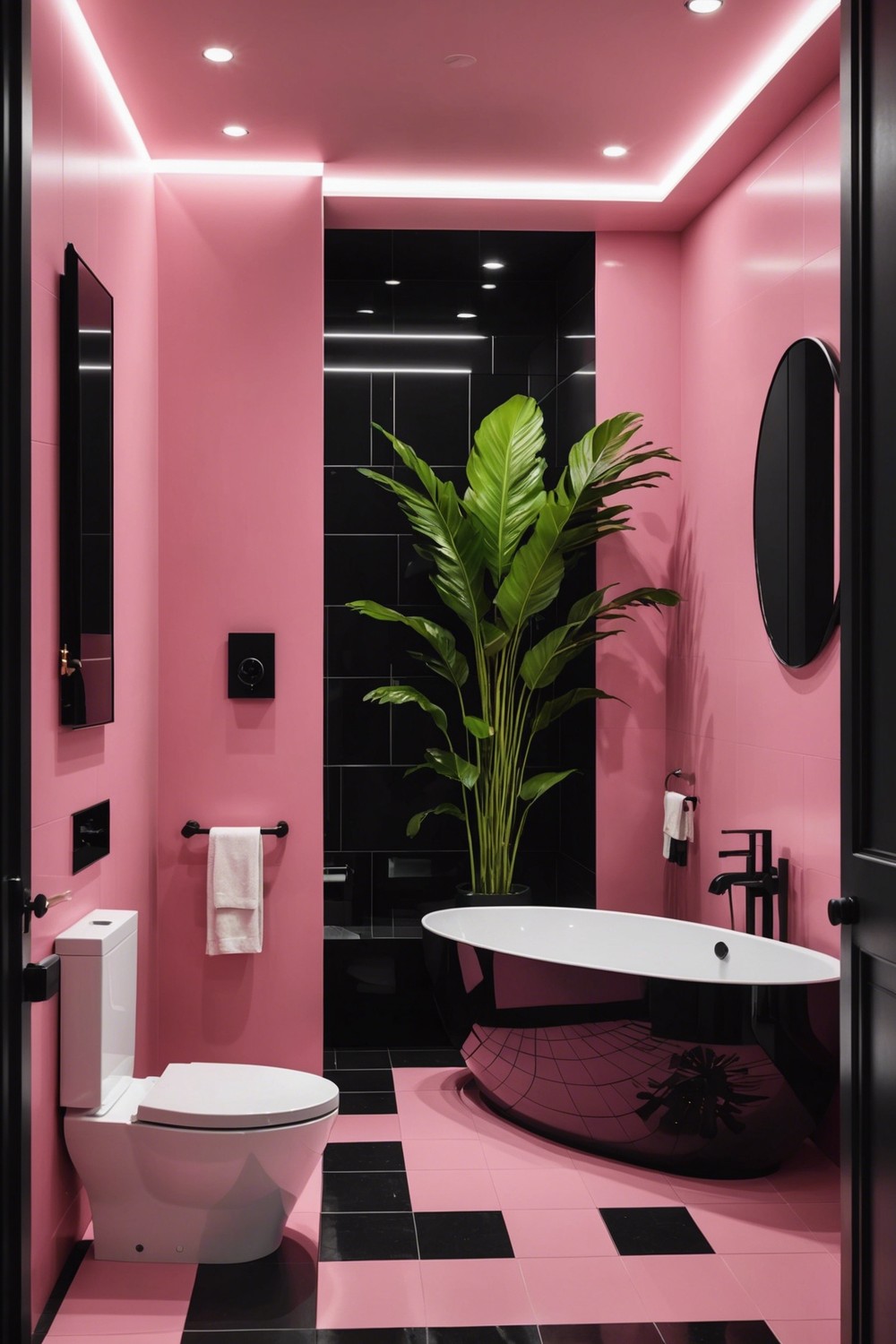 Modern Pink and Black Bathroom with LED Lighting