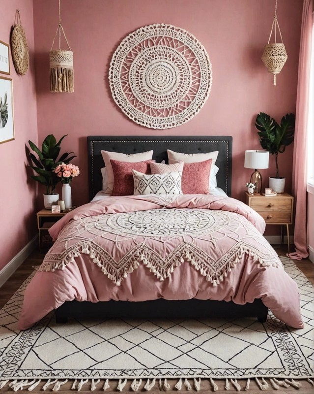 Modern Pink Boho Bedroom with Geometric Patterns