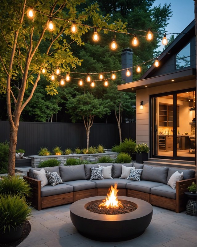 Modern Reading Lounge with Fire Pit and Statement Lighting