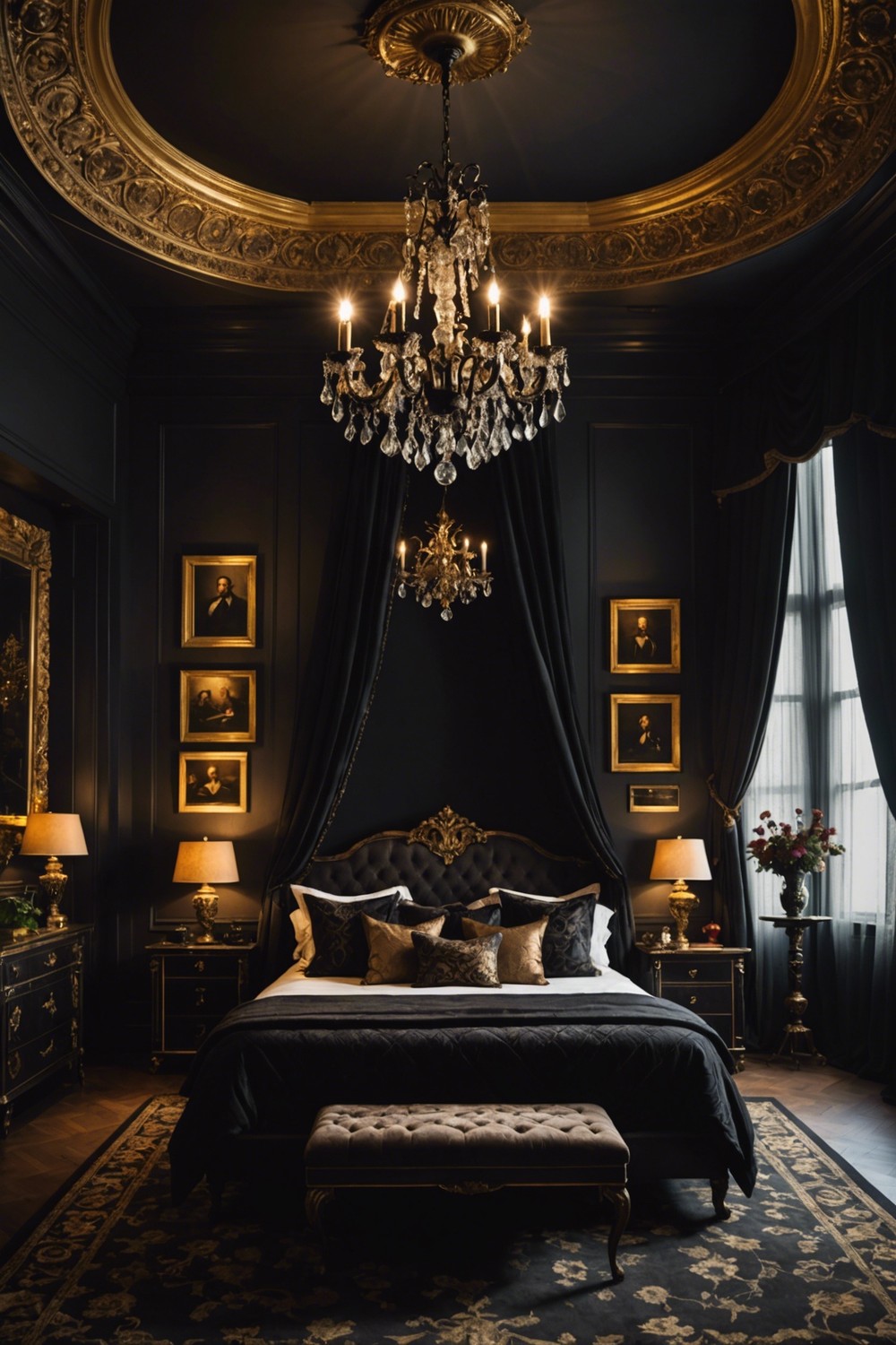 Moody and Dramatic: Hanging Black Chandeliers above a Dark-Colored Bed