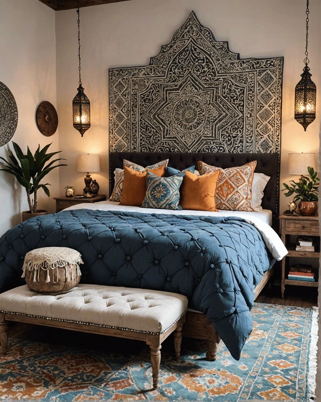 Moroccan-Inspired Boho Bedroom with Tufted Headboard