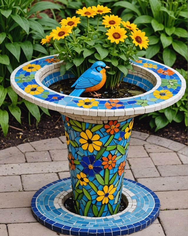 Mosaic-Covered Flower Pot Bird Bath