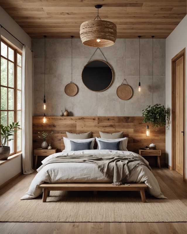 Natural materials like wood, stone, and linen