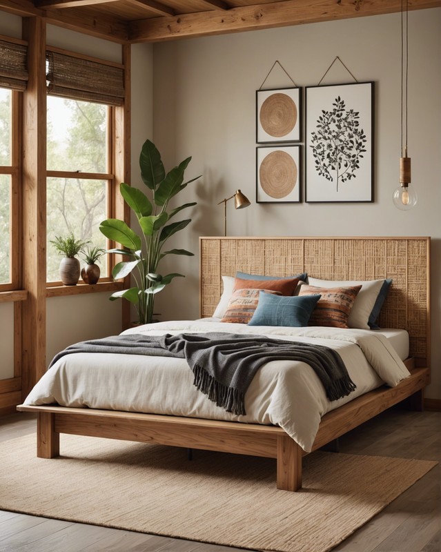 Natural Wood Platform Bed with Woven Headboard