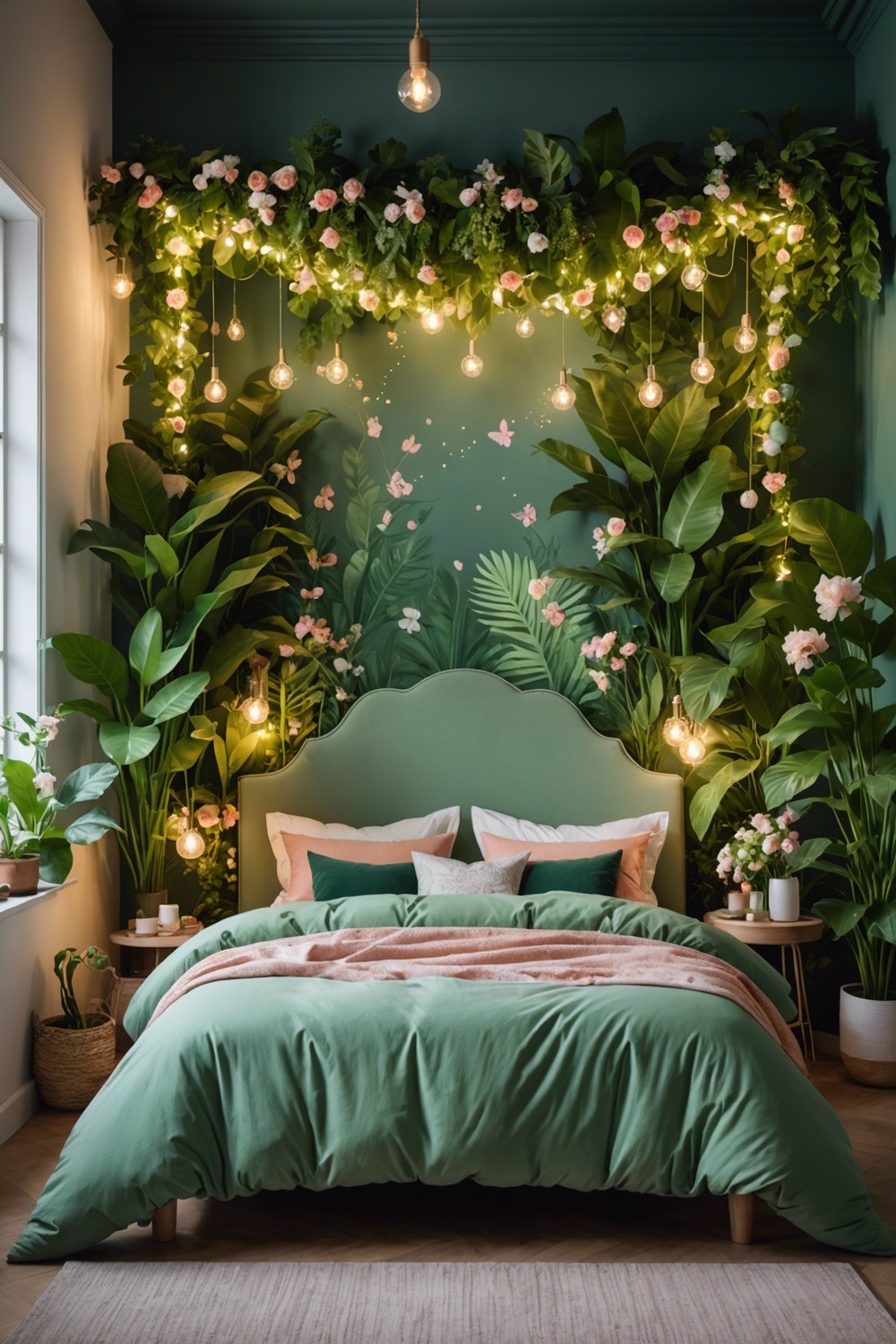 Nature-Inspired Oasis: Hanging Floral Lights above a Jungle Green Bed