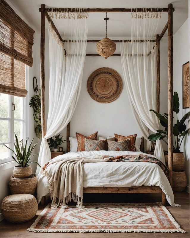 Neutral Boho Bedroom with Woven Rug and Canopy Bed