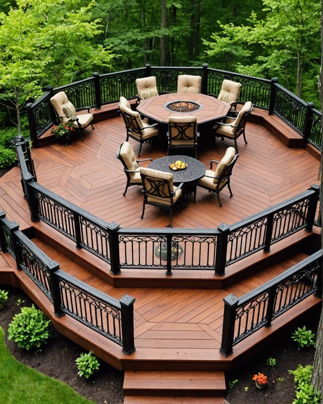 Octagonal deck with intricate railings and a unique focal point