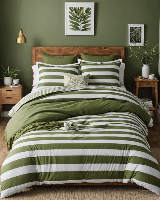 Olive Green and White Striped Duvet Cover