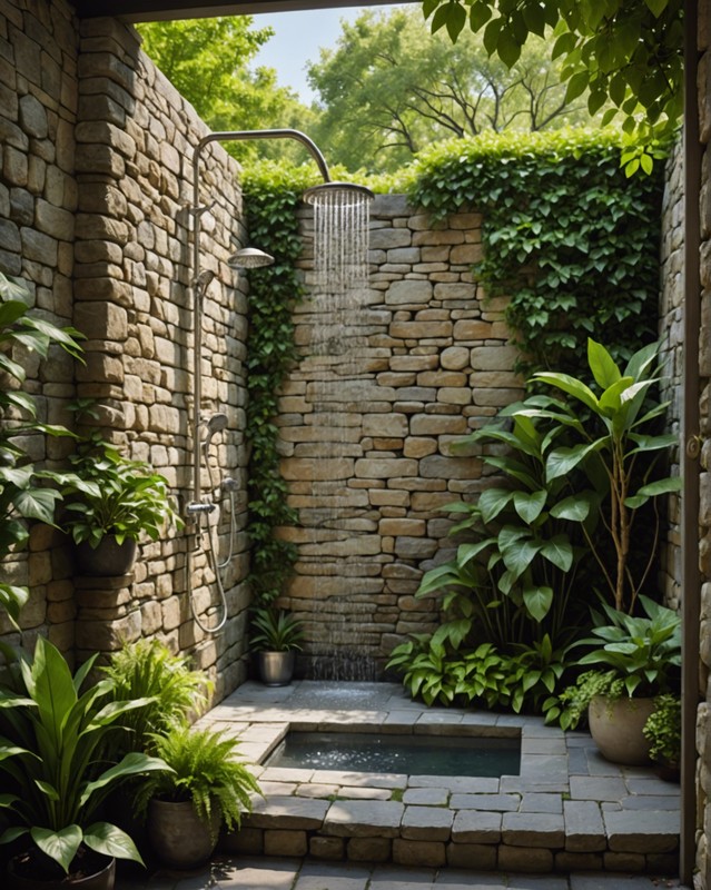 Outdoor Shower with a Natural Stone Wall and Planters
