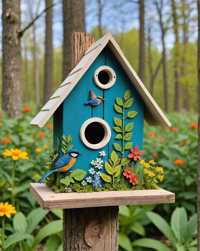 Painted Wood Birdhouse with Nature-Inspired Scenes