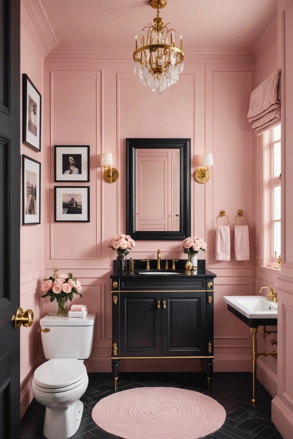 Pink and Black Bathroom with Gold Accents