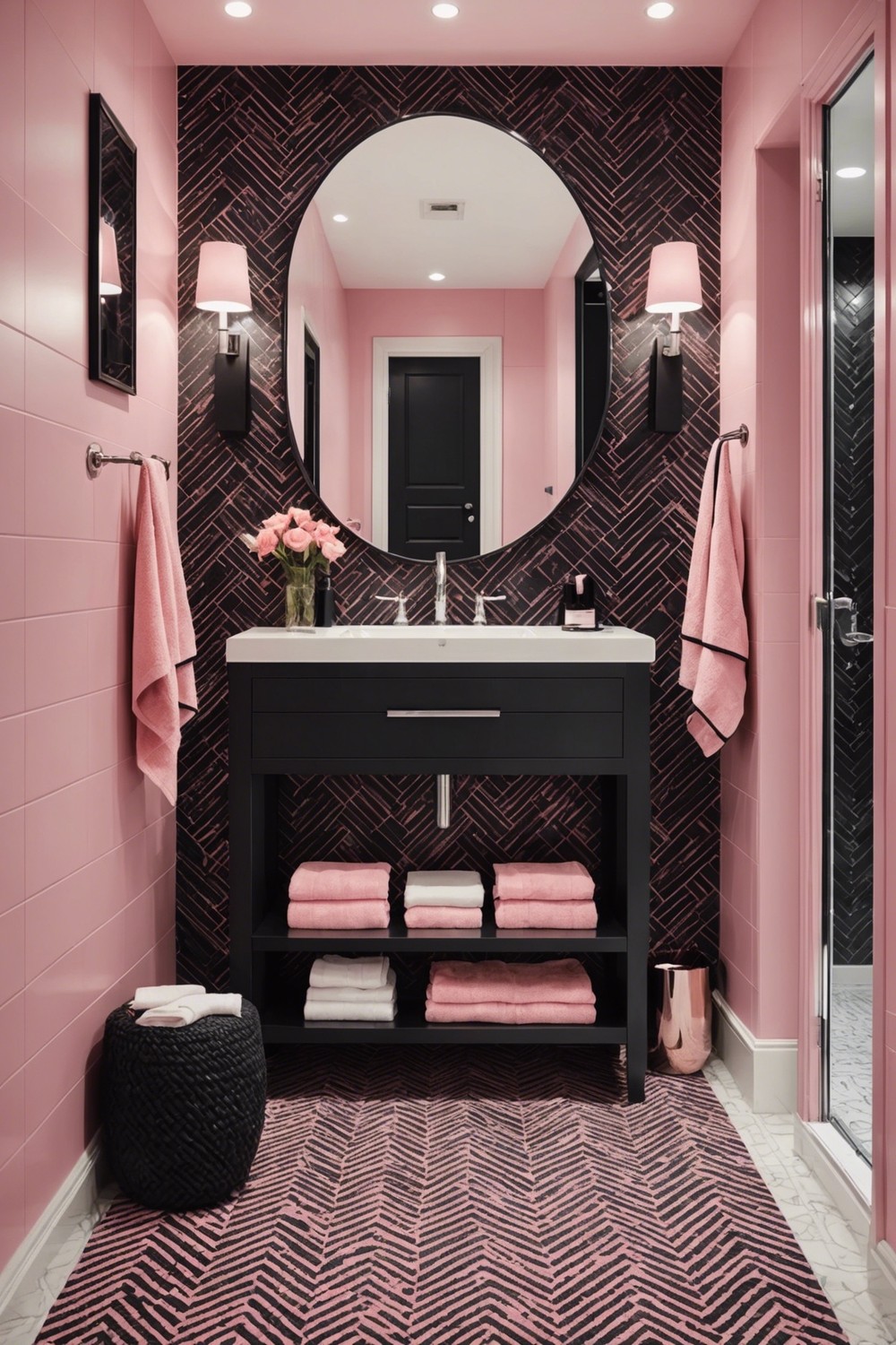 Pink and Black Herringbone Tile Bathroom