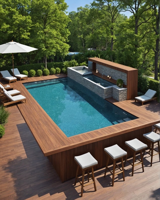 Poolside deck with integrated swim-up bar and sun loungers