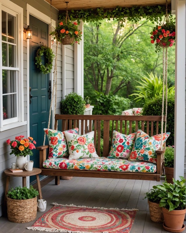 Porch Swing with Floral Pillows and Throws