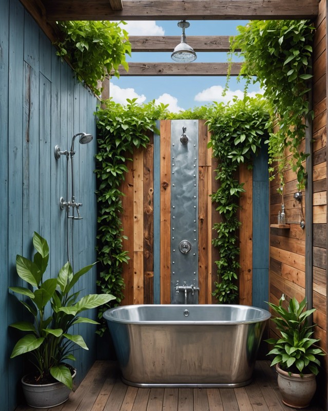 Reclaimed Wood Shower Walls with Galvanized Tub