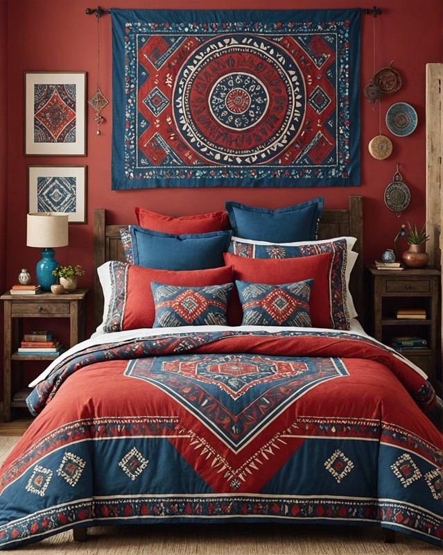 Red and Blue Bedding with Tribal Wall Art