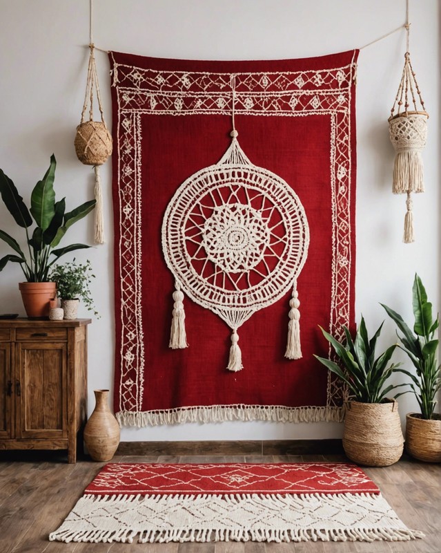 Red and White Moroccan Rug with Macrame Wall Hanging