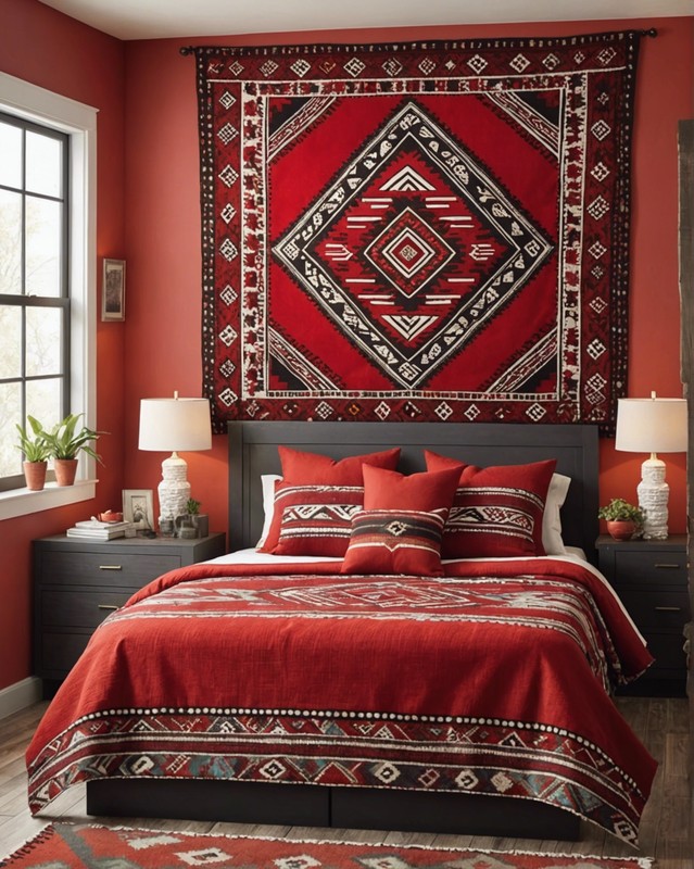 Red Platform Bed with Aztec Blanket