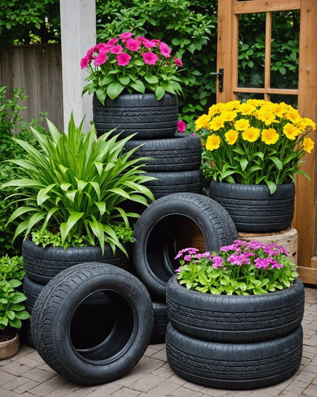 Repurposed Items (e.g., old tires, buckets)