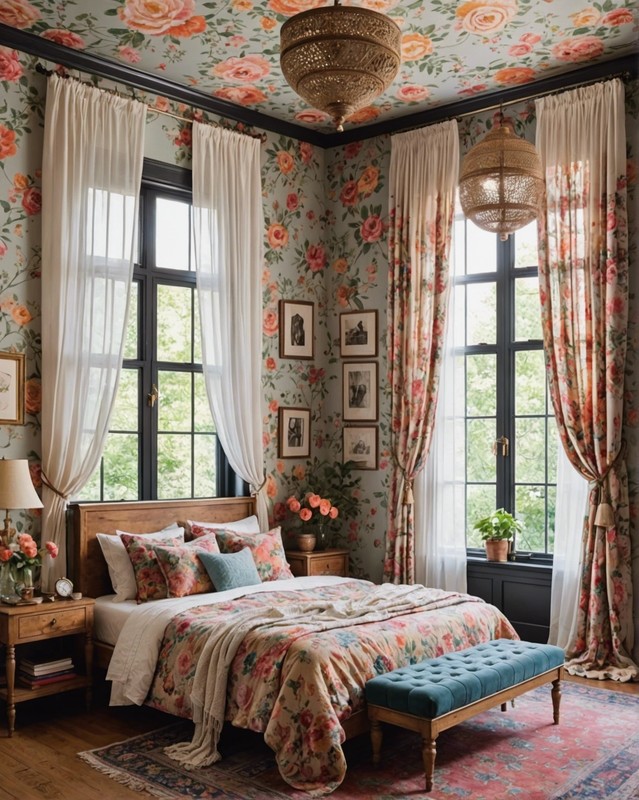Romantic Boho Bedroom with Floral Wallpaper and Sheer Curtains