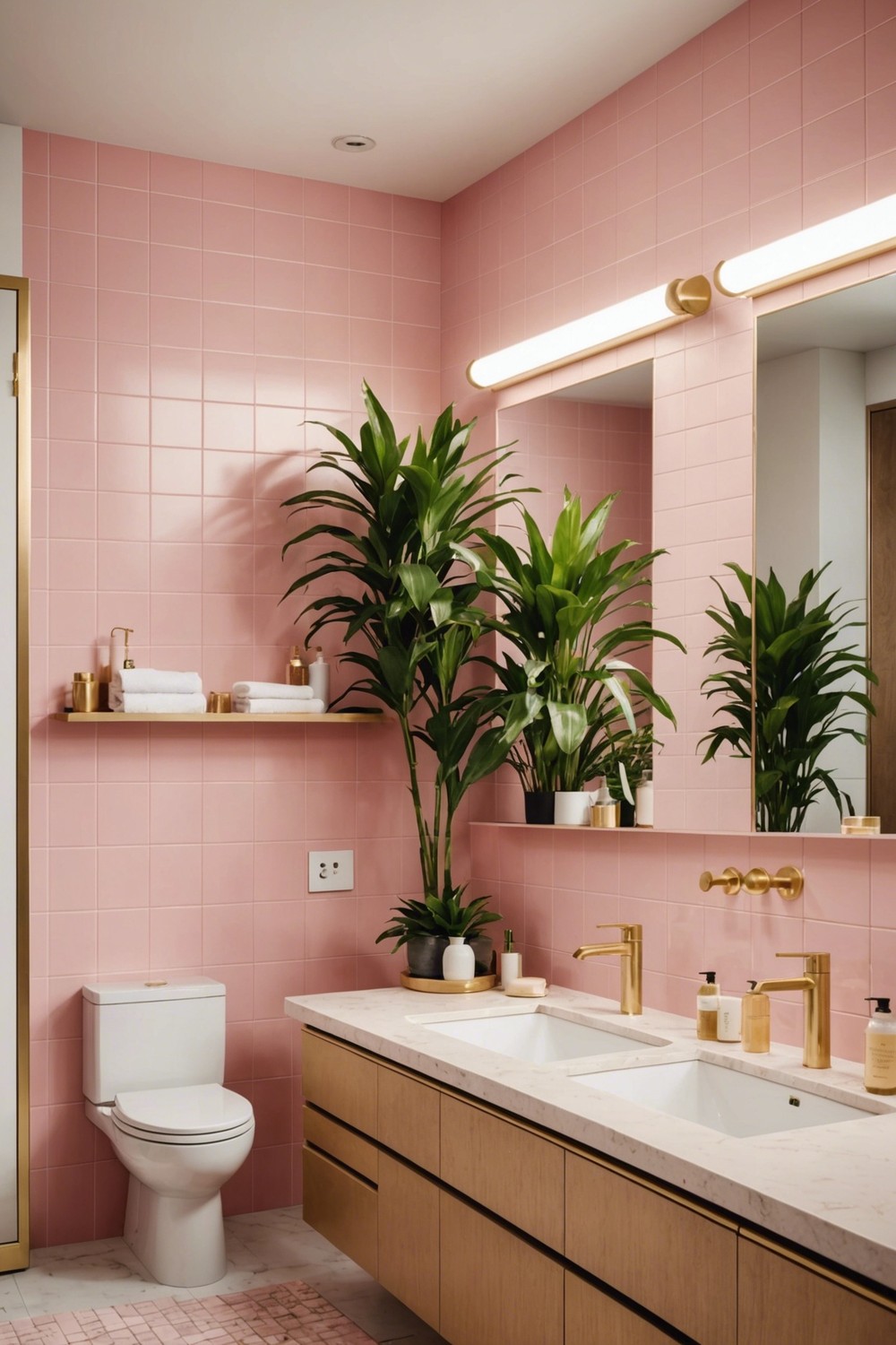 Rosy Retreat: Pink-Tiled Bathroom Accent Wall