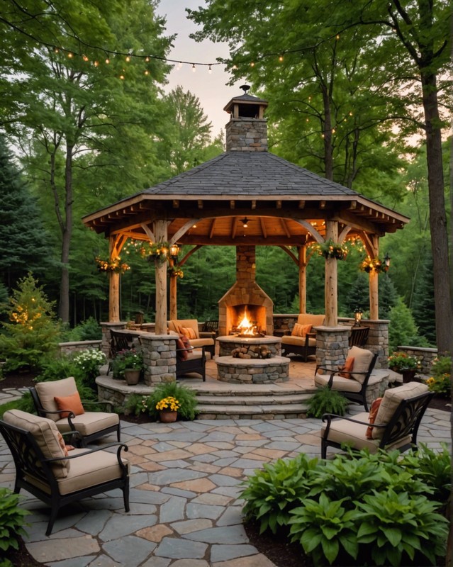 Rustic Cabin-Style Gazebo with Natural Stone Fireplace