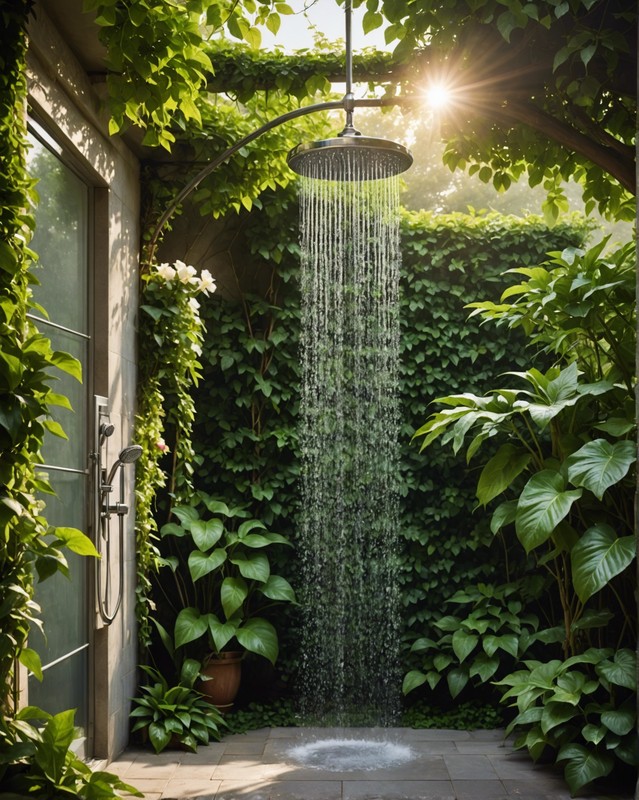 Rustic Outdoor Shower with a Hanging Floral Arrangement
