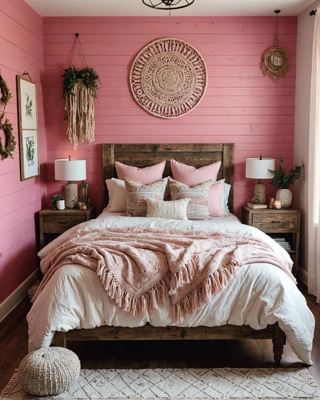 Rustic Pink Boho Bedroom with Shiplap Walls
