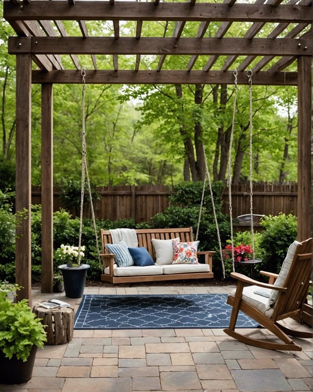 Rustic Reading Patio with Swing and Adirondack Chairs