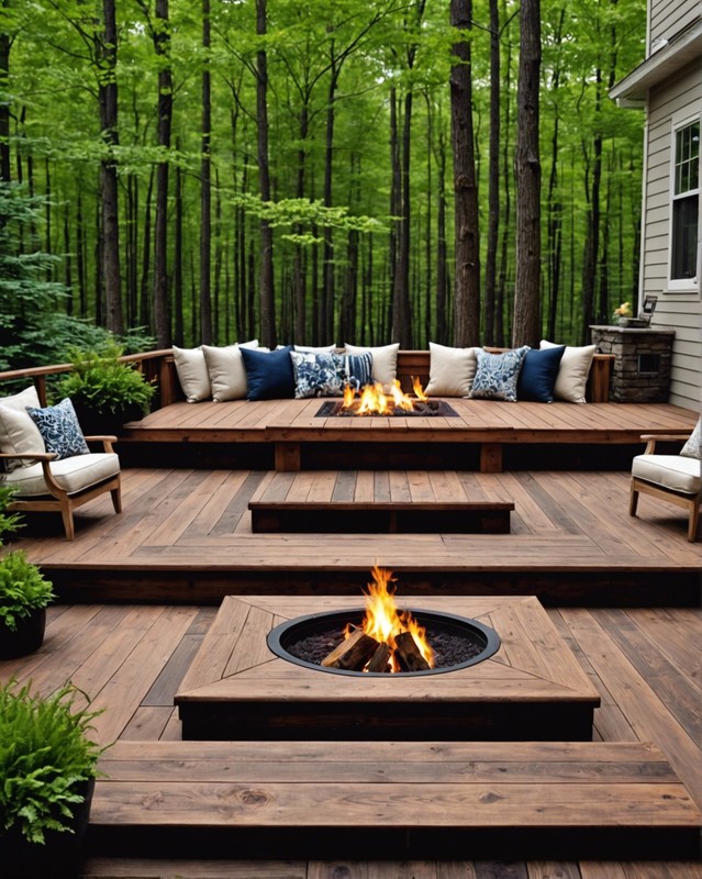 Rustic wood deck with natural finishes and cozy fire pit