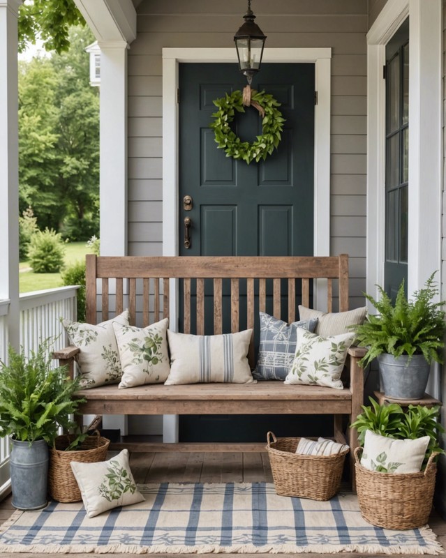 Rustic Wooden Benches with Vintage Pillows