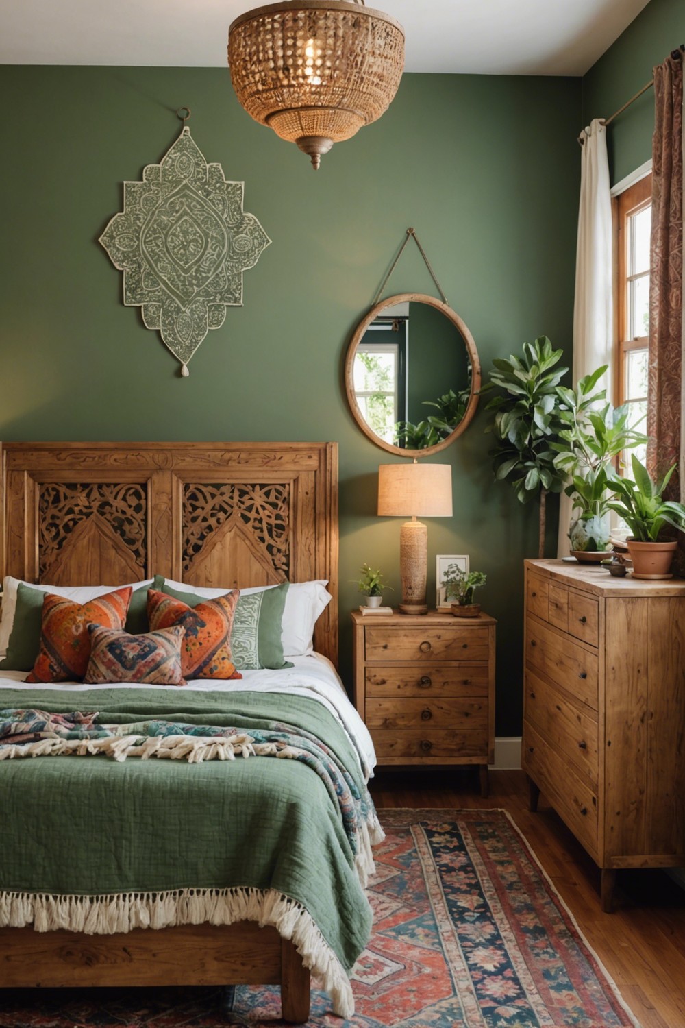 Sage Green Accent Walls with Bohemian Patterns