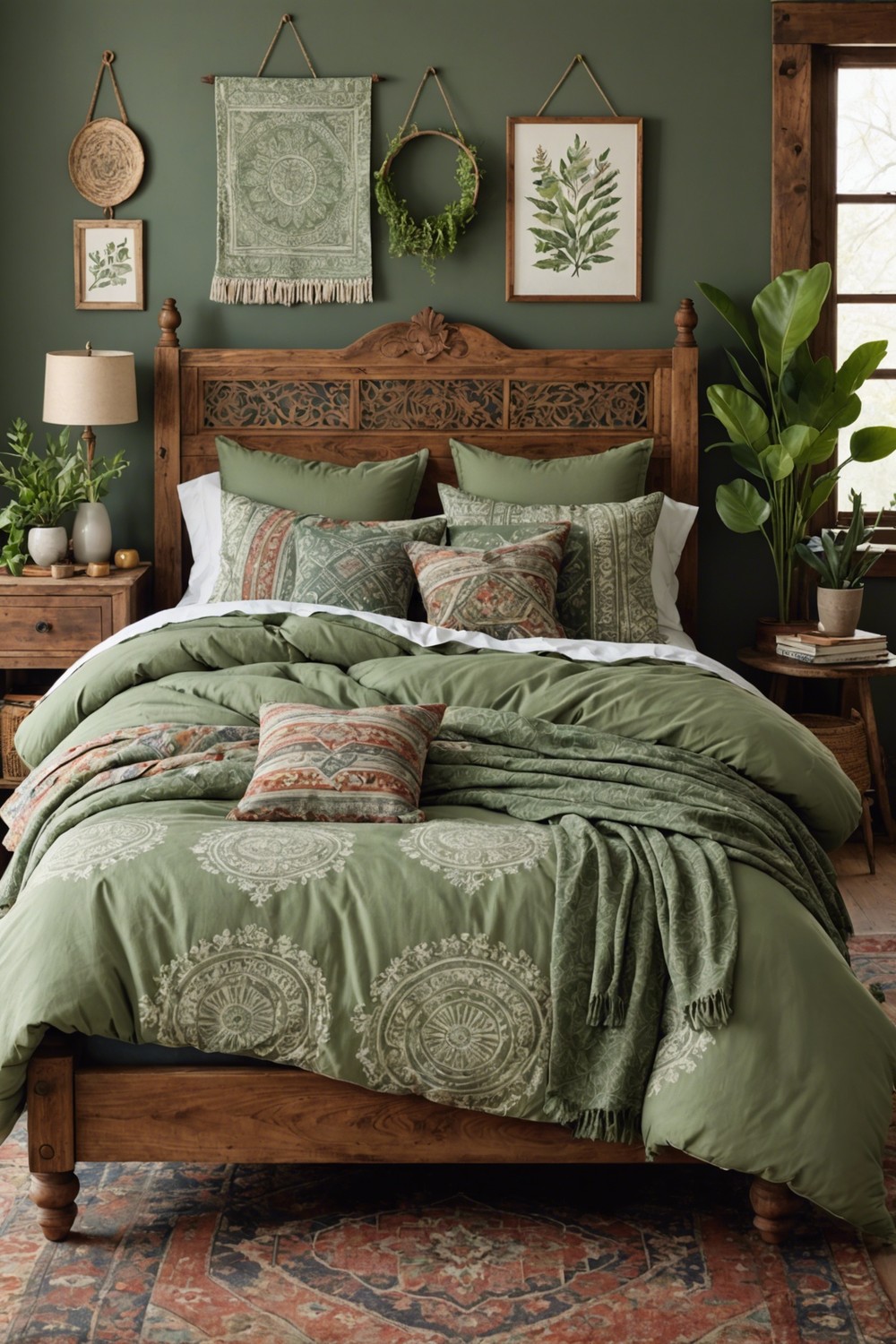 Sage Green Duvet Cover with Boho Patterns