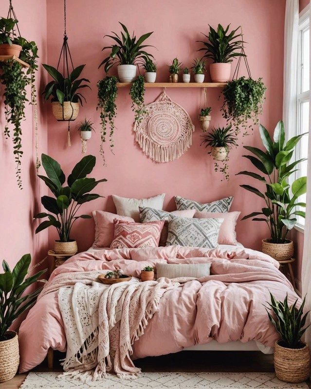 Serene Pink Boho Bedroom with Plants