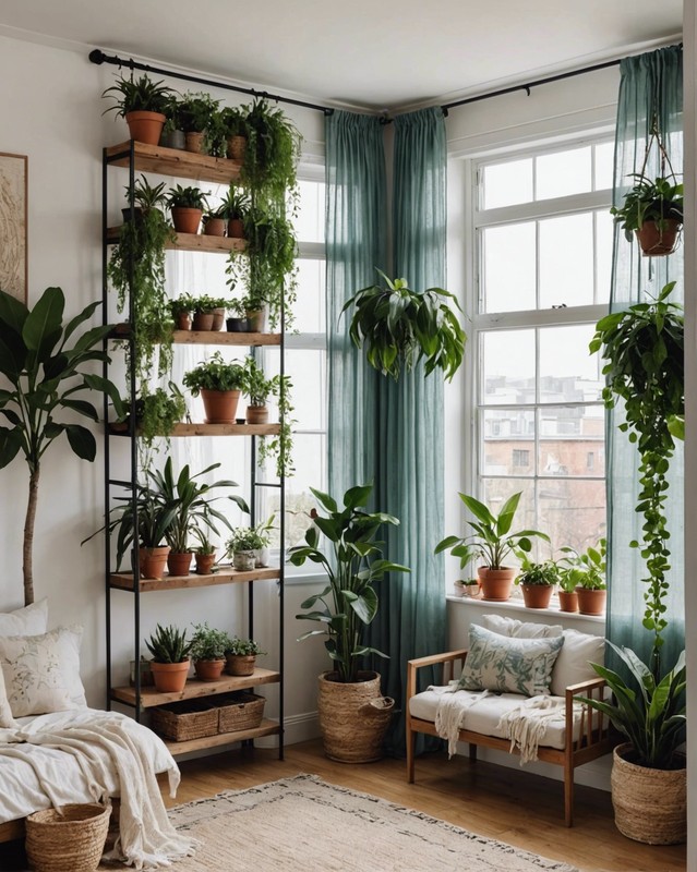 Sheer Curtains with Plant-Filled Shelves