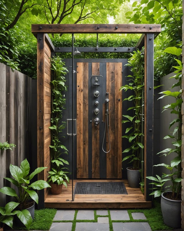 Shower Enclosure with Reclaimed Wood and Metal Accents