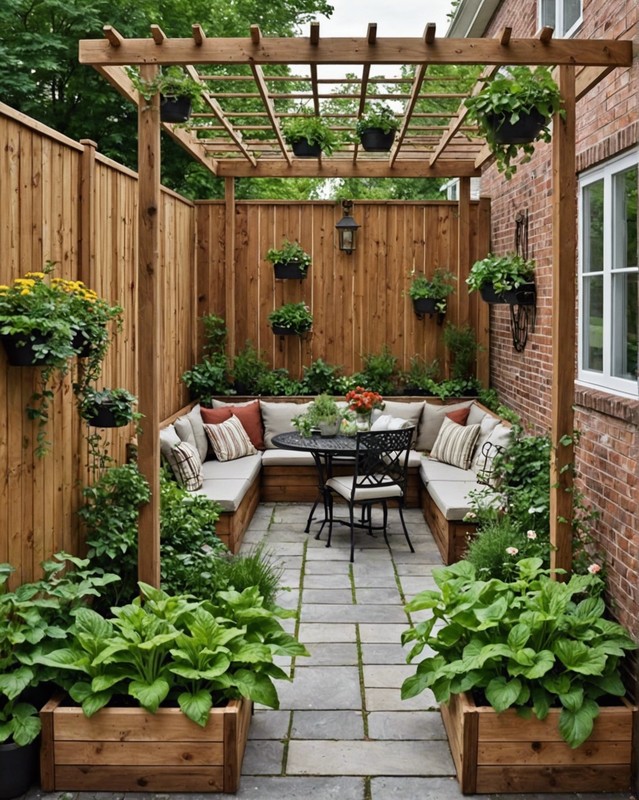 Small Patio with Raised Garden Beds and Trellis 