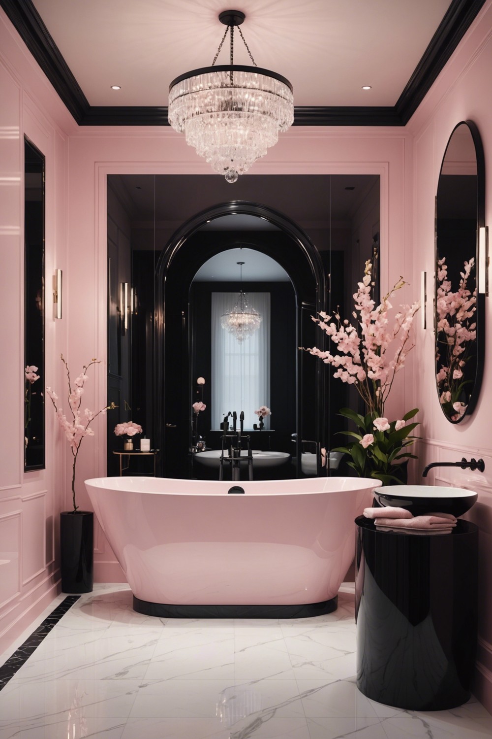 Soft Pink and Black Water-Inspired Bathroom