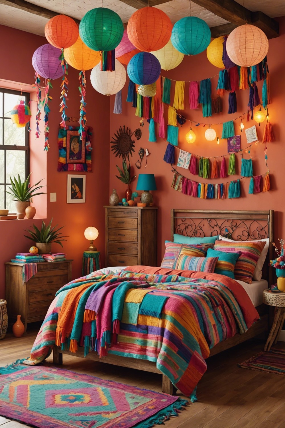 South American Fiesta: Hanging Colorful Piñata Lights above a Vibrant Bed