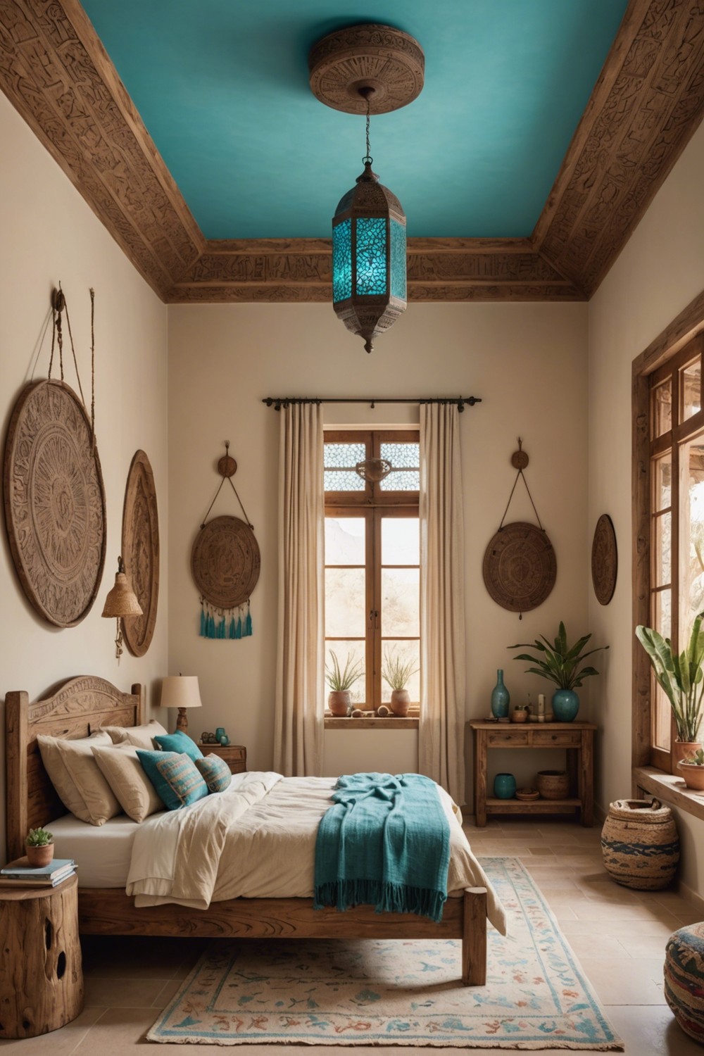 Southwestern Charm: Hanging Turquoise Pendants above a Rustic Bed