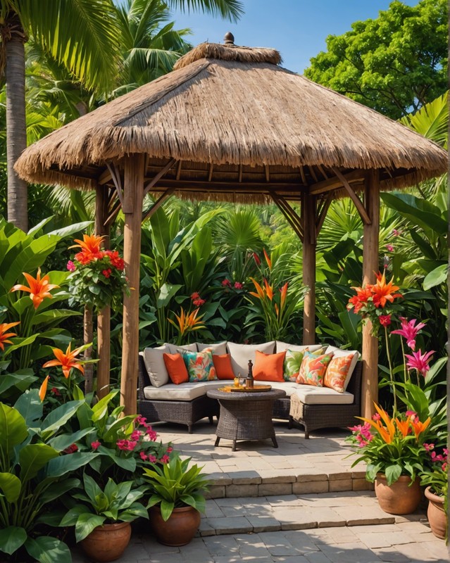 Tiki Hut-Style Gazebo with Thatch Roof and Tropical Decor