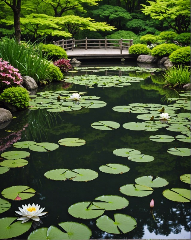 Tranquil Japanese Pond with floating lilies