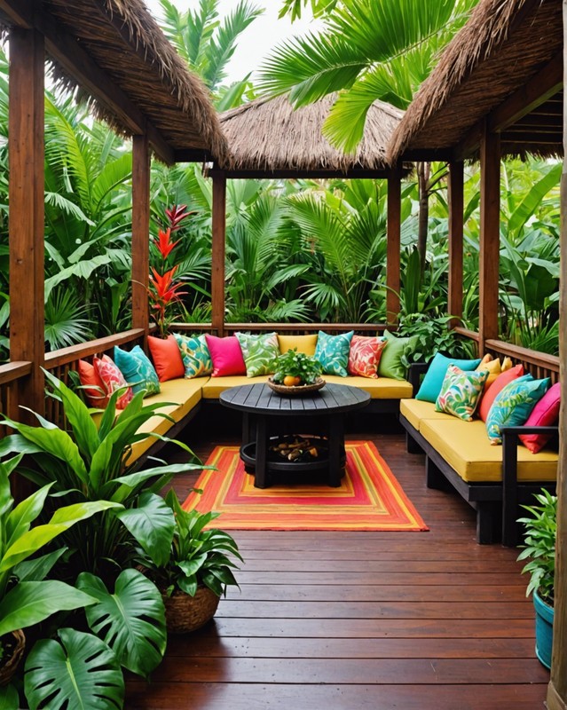 Tropical-themed deck with bright colors, lush plants, and thatched roof